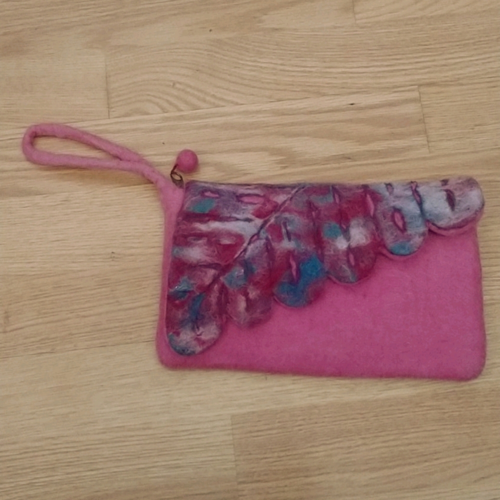 Pink felted clutch with Fern leaf
